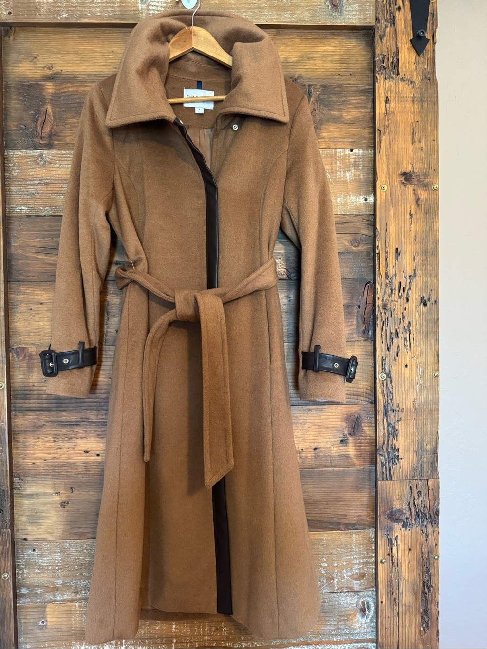 Cole Haan Signature Camel Wool Blend Belted Coat Size 8 Leather Trim